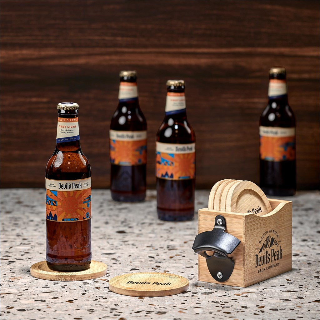 Okiyo Kanpai Bamboo Coaster & Bottle Opener Set