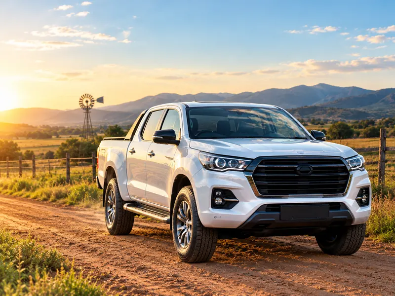 A white double-cab bakkie on a farm road at sunset
