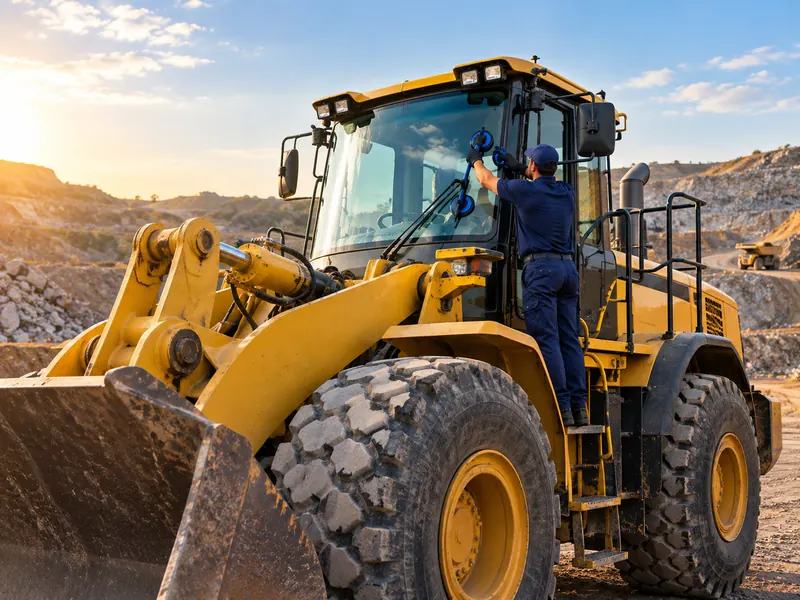 A technician fitting a windscreen to a front-end loader at a mine